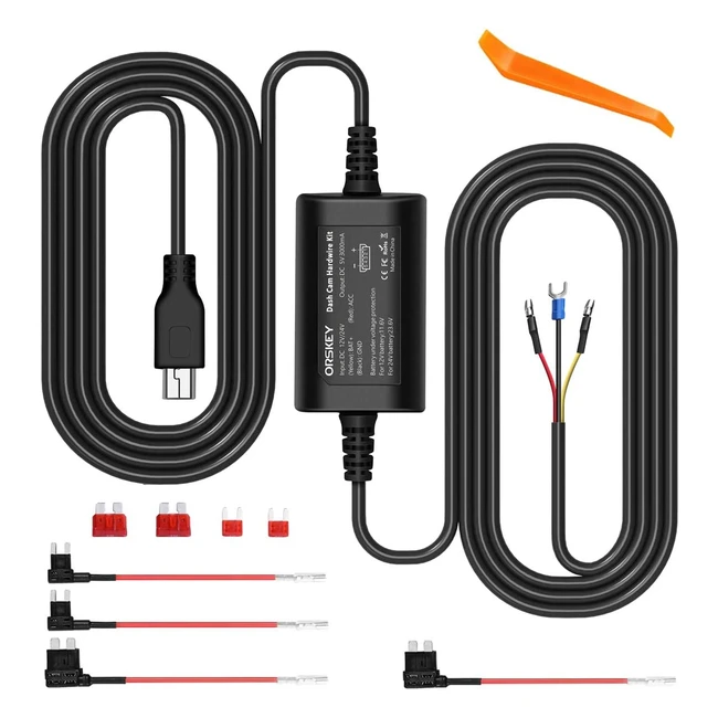 ORSKEY Dash Cam Hardwire Kit - Mini USB 12V/24V to 5V Car Dash Camera Hard Wire Kit with Low Voltage Protection and 24H Parking Surveillance