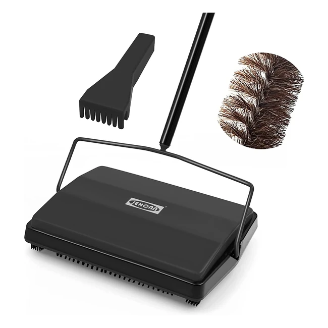 Jehonn Manual Carpet Sweeper with Dual Horsehair Brush - Picks Up Pet Hair, Debris, and Dust - No Electricity Required (Black)