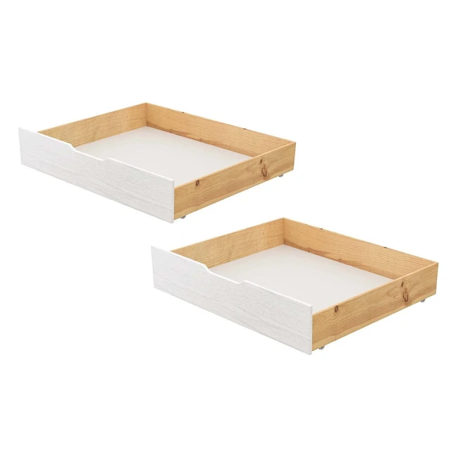 Alcube Schublade Heim Modell 2022 - 2er Set Bettschubkasten 90x200 cm mit Rollen für Hausbett/Kinderbett - Unterbettkommode - Kieferholz in Weiß
