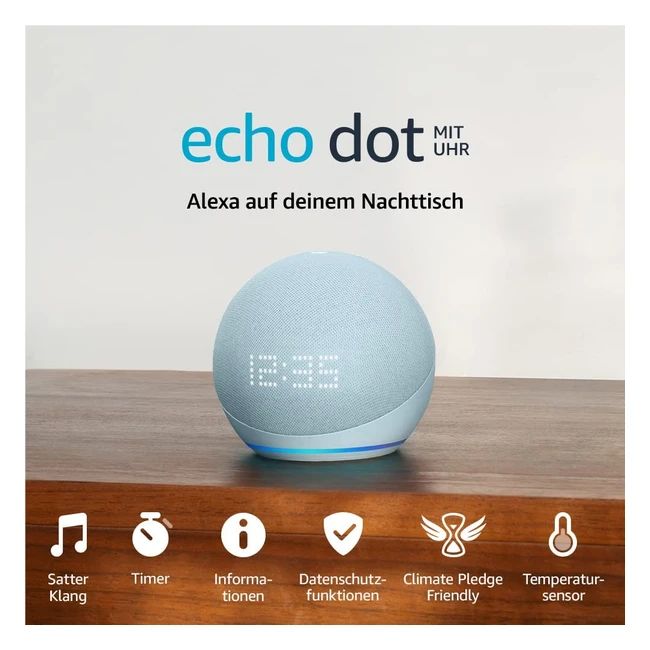 Echo Dot 5. Gen 2022 mit Uhr - Zertifiziert & Generalüberholt - Alexa Smarter Lautsprecher - Graublau