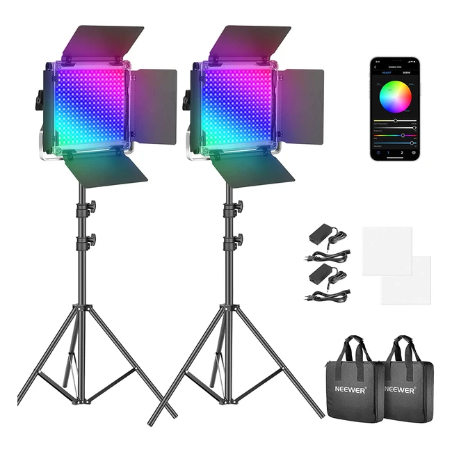 Neewer 2 Paquetes de Luz de Video LED 660 Pro RGB con Kit de Soporte de Control de Aplicación 360° - Iluminación de Video Bicolor Regulable de 50W 3200K-5600K CRI 97 para Zoom Fotografía
