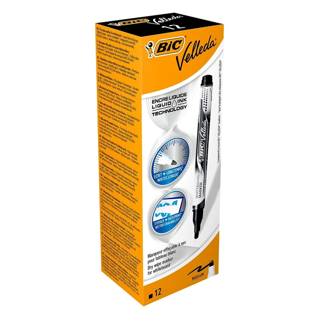 Feutres pour tableau blanc Bic Velleda, effaçables à sec, pointe conique large, noir, boîte de 12