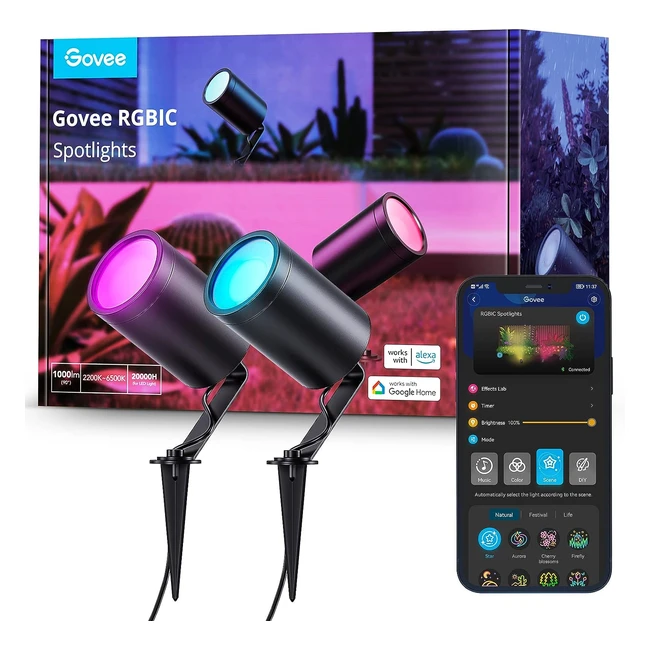 Govee Outdoor Spot Lights - Waterproof Uplight Landscape Spotlights - Smart Wi-Fi Garden Light - Alexa Compatible - RGBIC Colour - 2 Pack
