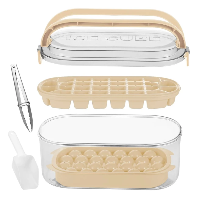 Ice Cube Tray with Lid and Storage | 2 Tiers | Round and Square Moulds | Hidden Handle | Sphere Maker | Ice Tong Scoop
