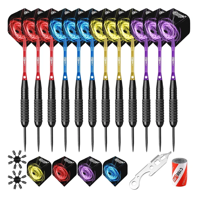 Cyeelife 12 fléchettes pointe acier 22g avec tiges en aluminium - 4 couleurs, 16 ailettes - 4 couleurs, aiguiseur inclus