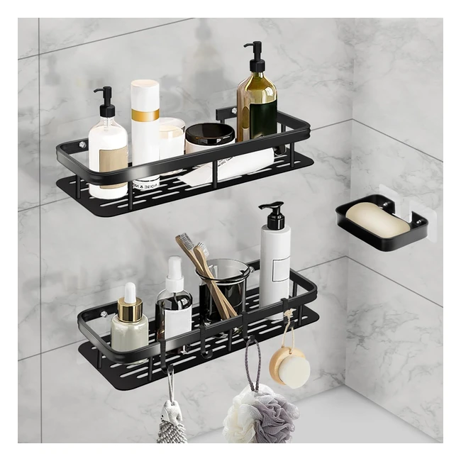 Adhesive Shower Caddy 3 Pack Bathroom Shelves with Hooks | Load Bearing 40 lbs | Space Aluminum Storage