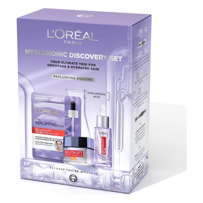 Loreal Paris Hyaluronic Discovery Set - Revitalift Filler 15 Hyaluronic Acid Serum, Day Cream, and Replumping Tissue Mask