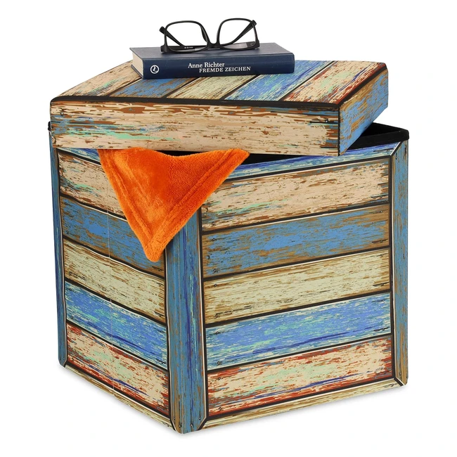 Pouf Contenitore Vintage Effetto Legno - Relaxdays 38x375x375 cm