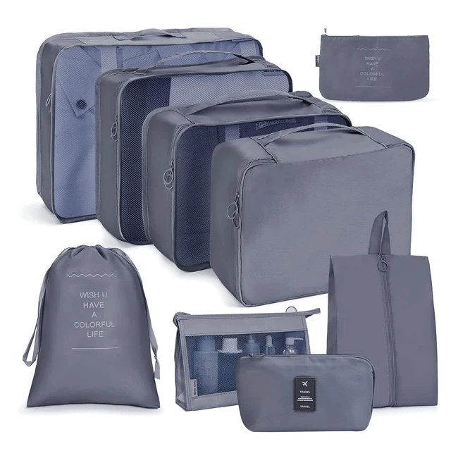 Organizer Valigie 9 Pcs - Sistema di Cubo di Viaggio - Separatori - Buste Viaggio - Travel Organizer - Abbigliamento Intimo - Calzature - Organizzatori - Sacchi Valigia di Stoccaggio Set - Grigio