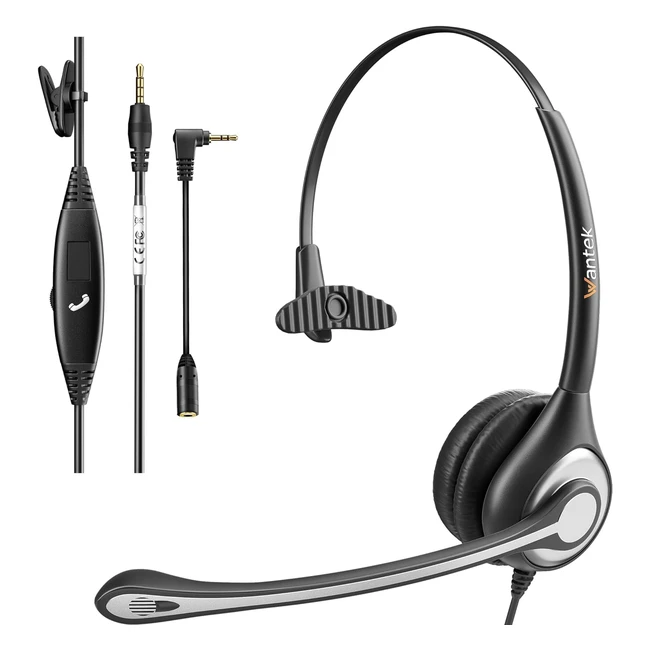 Casque Mono Wantek 601F Jack 35 mm avec Adaptateur 25 mm - Réduction du Bruit, Microphone Stéréo, Contrôle d'Appel