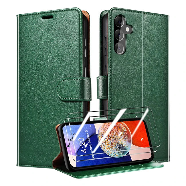 Coque Samsung Galaxy A14 4G 5G - 2 Pièces Verre Trempé - Étui Protection Housse Premium en Cuir PU - Antivol - Fermeture Magnétique - Vert