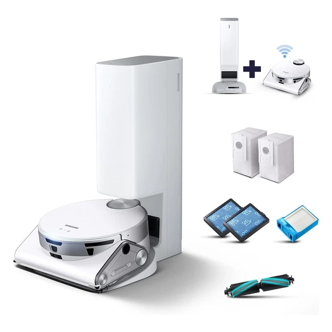 Samsung Jet Bot AI VR50T95735WWA - Aspirapolvere Robot con Telecamera WiFi - Riconoscimento Ostacoli 3D - Svuotamento Automatico - Tappeto Bianco