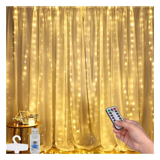 Luces de Cadena de Cortina Dazspirit 3mx3m 300 LED - Resistente al Agua - Decoración Navidad - Blanco Cálido