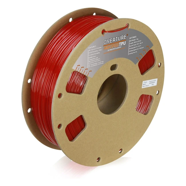 Filamento TPU Overture 175mm - Flexible 95A - Precisión 0.03mm - Rojo Translúcido