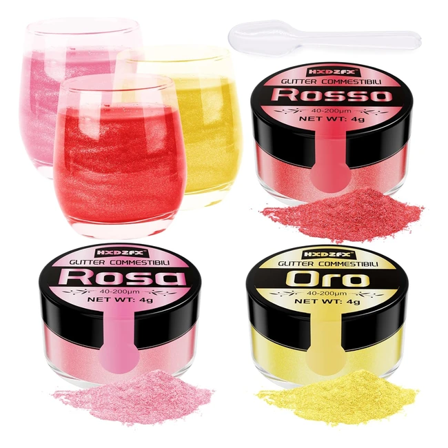Glitter Commestibili 3 Colori 100% Commestibile Zuccherini Decorativi per Dolci Drink Decorazioni Torte Cioccolatini Muffin Champagne Cocktail Panna 4g
