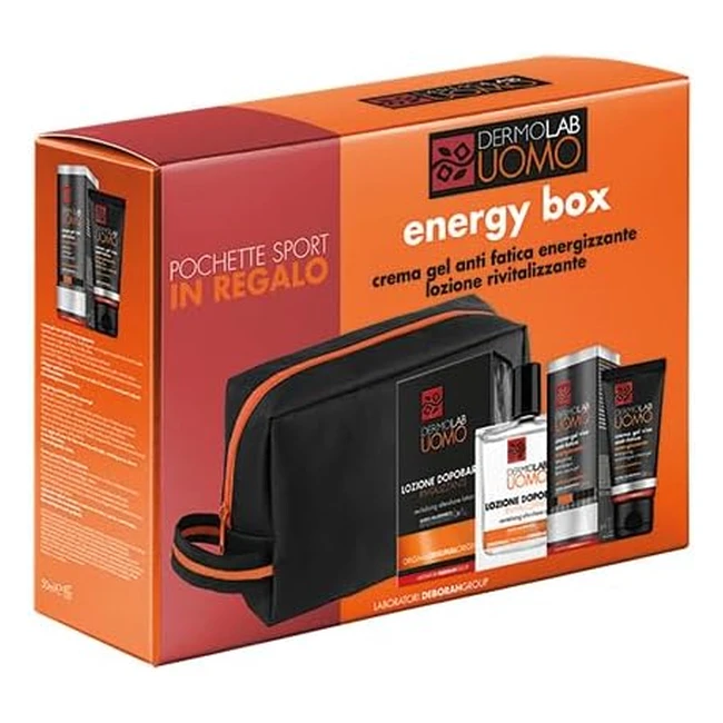 Set Dermolab Uomo Energy Box - Contrasta i Segni della Fatica e dello Stress - Crema Gel Antifatica Energizzante 50ml - Lozione Dopobarba Rivitalizzante 100ml - Pochette Sport