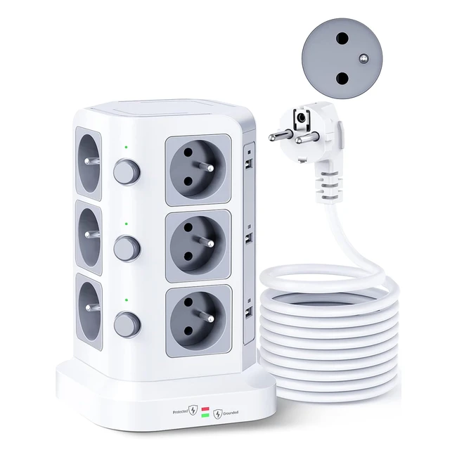 Tour multiprise Koosla 5m câble 12 prises 2pt France parafoudre surtension 4000W16A avec 6 ports USB