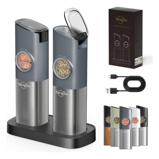 Macina Sale e Pepe Elettrico Gravità con Base Ricarica USB - Capacità Maggiorata - Coperchi Antipolvere Automatici - Luce LED - Grigio