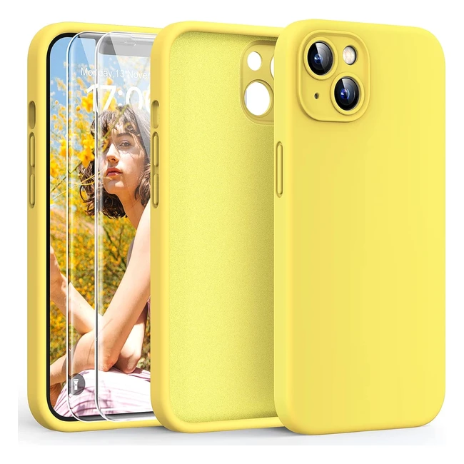 Coque iPhone 13 Hatoshi 3en1 avec verre trempé - Protection complète - Silicone liquide - Antichoc - Jaune