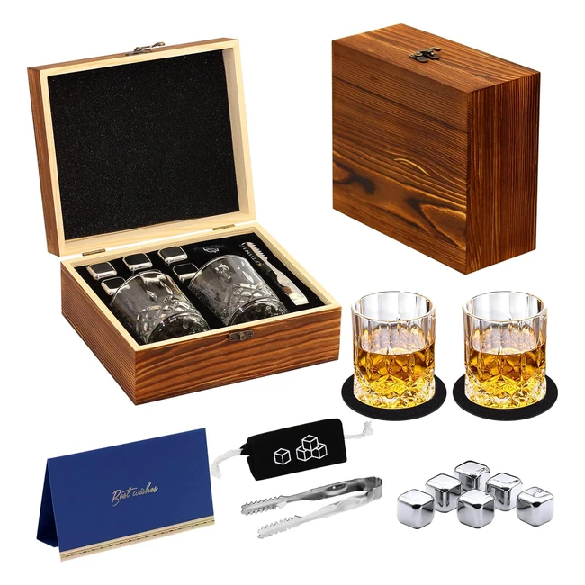 Whiskey Stones and Glass Gift Set - KAQ 6 Stainless Steel Whisky Stones, 2 Crystal Whisky Glasses - Exquisite Wooden Box