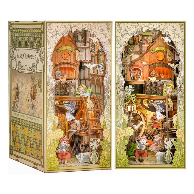 Cutebee Diorama Puzzle in Legno 3D - Paradiso degli Elfi - 275 Pezzi - Miniatura con Mobili e Luce LED - Decorazione da Scrivania