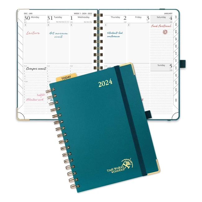Poprun Week to View 2024 A5 Diary - Appointment Planner, Dotted Notes, Spiral Hardcover - Pacific Green
