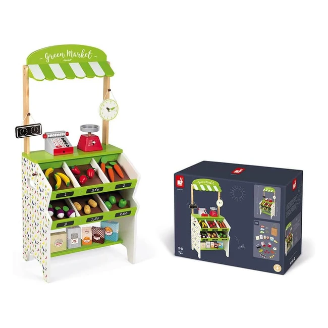 Tienda de comestibles de madera Janod con 32 accesorios - J06574