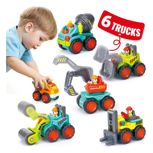 Sunnypal Toys - 6 Pcs Mini Trucks for 1 Year Old Boys - Excavator, Bulldozer, Cement Mixer, Forklift, Dump Truck, Road Roller