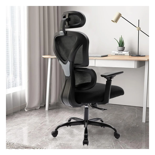 Kerdom Bürostuhl - Ergonomischer Schreibtischstuhl mit verstellbarer Kopfstütze, Armlehnen, Lendenwirbelstütze gegen Rückenschmerzen - Belastbar bis 150kg - Schwarz