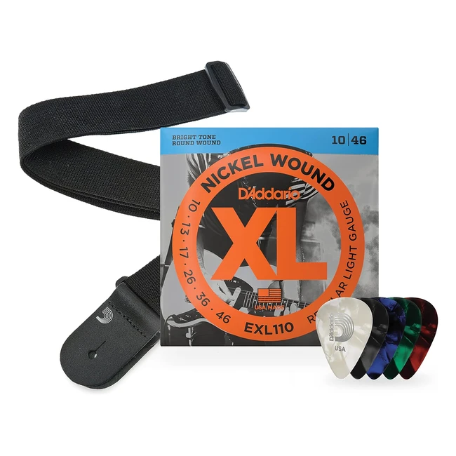 Kit Corde D'Addario Plettri Tracolla Chitarra Elettrica - EXL110 XL Nickel Wound - 1046 Light - Tracolla Poly Pro Nera - Medium