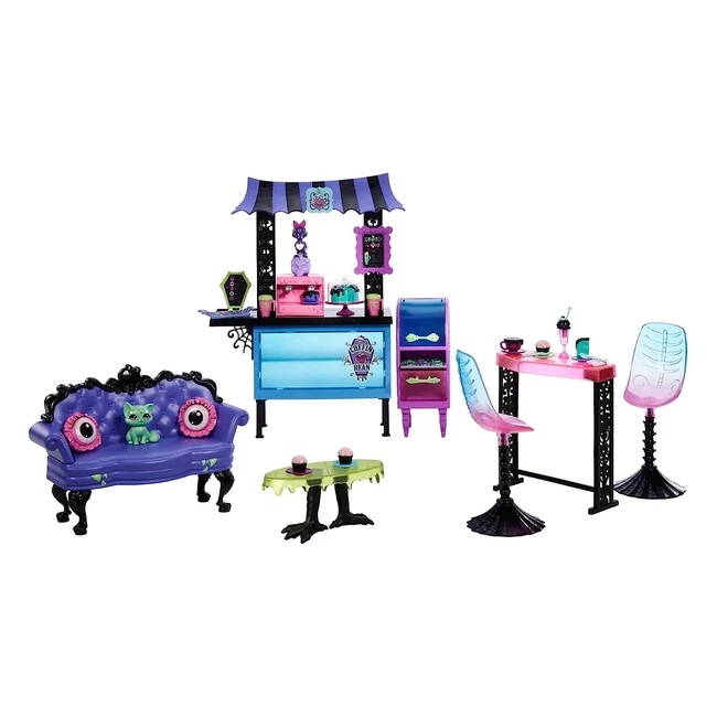 Monster High Coffin Bean Playset Caf with 2 Pets - Spooky Furniture, Pastry Treats, and Drinks - Kids Toys Gift Set