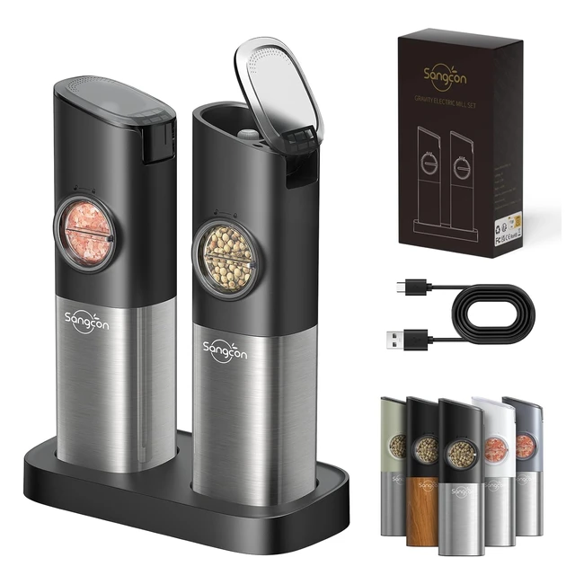 Macinasale e pepe elettrico Sangcon con sensore di gravità, macinaspezie con doppio caricatore, grado di macinazione regolabile, luce LED - Nero