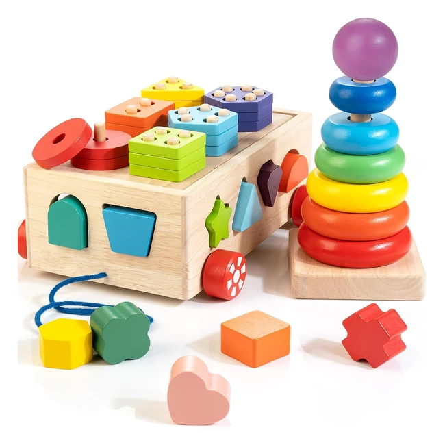 Bravmate Montessori Toys for 1-3 Year Old | Wooden Shape Sorter Stacking Rings | Educational Learning Color Toddler Toys