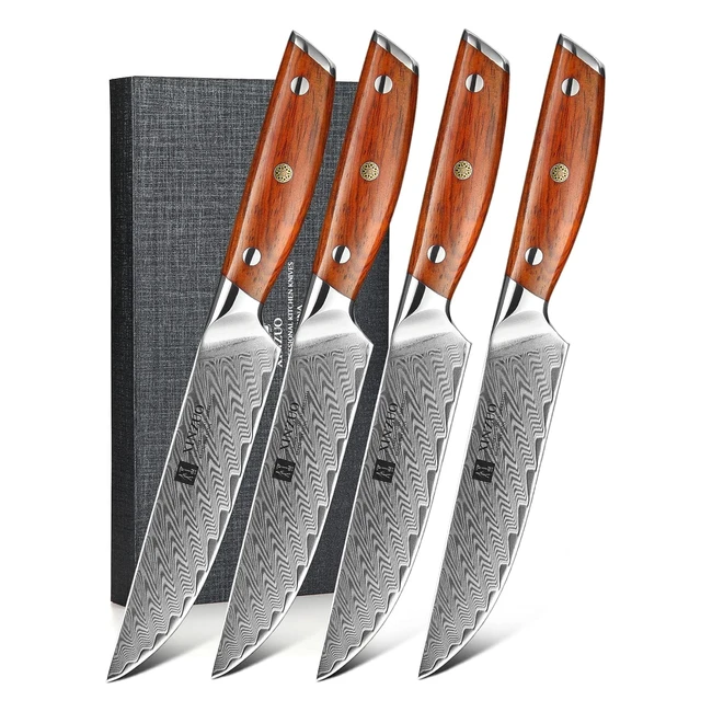 Xinzuo Set de 4 Couteaux en Acier Damas Steak 12.7cm - Premium, Résistant à la Corrosion, Poignée Ergonomique