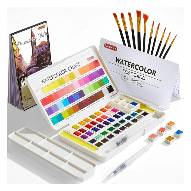Shuttle Art Watercolour Paint Set - 48 Colours, Half Pan, 2 Water Brush Pens, 10 Brushes