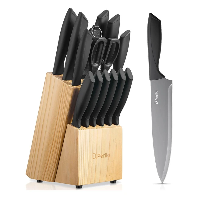 Set Coltelli da Cucina dperlla 15 Pezzi - Acciaio Inox, Base di Legno - Antiruggine, Antigraffio, Anticorrosivo