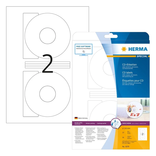 Etiquetas CD Herma Blancas 116 Superprint 50 pcs - ¡Impresiones de alta calidad y adhesión segura!