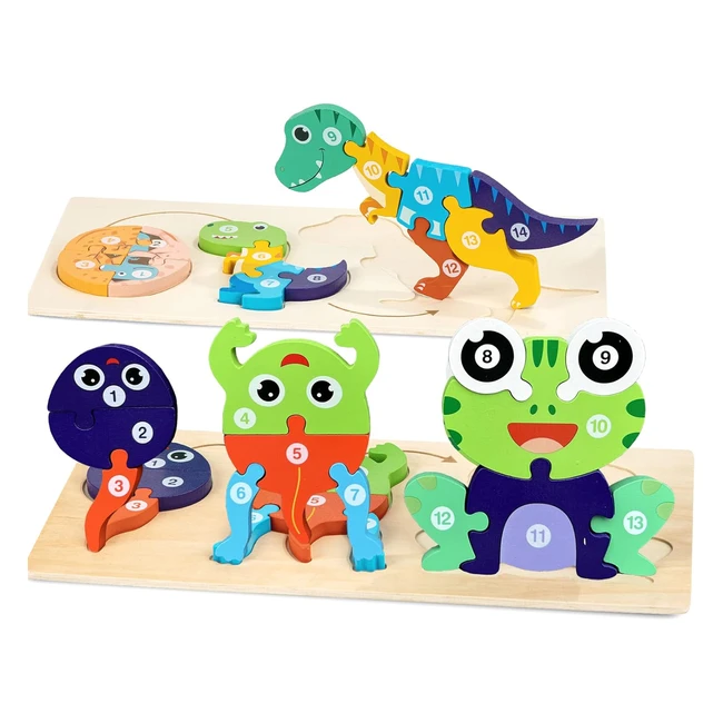 Rompecabezas de madera para niños de 3 años - Ranas y dinosaurios - Juegos educativos Montessori - Regalo de cumpleaños y Navidad