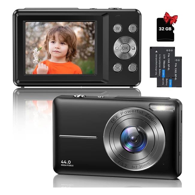 Digitalkamera kompakte Kamera mit 32GB Karte 44MP 1080P HD Kamera 24 Zoll LCD 16x Digitalzoom wiederaufladbare Digitalkamera für Kinder Teenager Anfänger Jungen Mädchen Schwarz