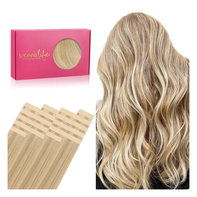 Wennalife Tape Extensions Echthaar 20pcs 50g 60cm 24 Zoll Hellblond Highlights Goldblond Remy