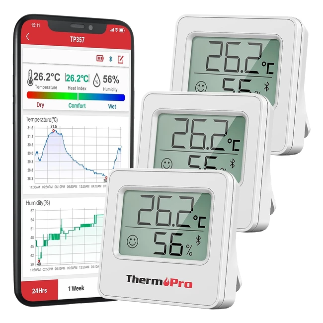 ThermoPro TP3573 80m Bluetooth Hygrometer Indoor Set of 3 - Präziser Raumthermometer mit App und Smiley-Anzeige