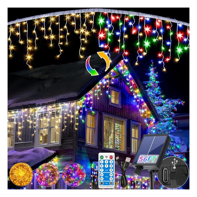 Solar Icicle Lights Switch Warm Colorful 125m56ft 506 LEDs Christmas Fairy Lights