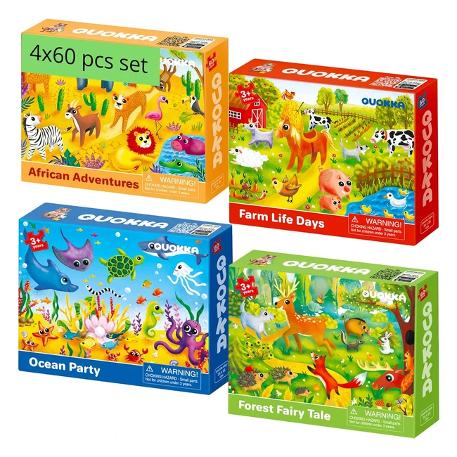 Puzzle 60 pièces 4-6 ans | 4 jeux avec cadre | Animaux sauvages et domestiques | Jouets cadeaux pour enfants