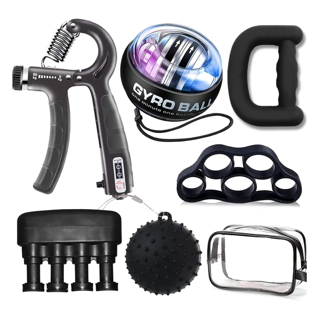 Kit de entrenamiento de fortalecimiento de manos - Ejercitador de dedos y muñeca - Agarre de mano ajustable - Bola de autogiro - Estiradores de dedos - Ejercitador de fuerza de dedos - Para recuperación y atletas