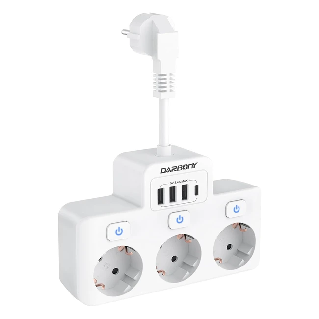 Steckdosenleiste mit USB-C, 3-fach Mehrfachsteckdose mit Schalter, Wandmontage, Doppelstecker, kurzes Kabel, Büro Reisen, weiß