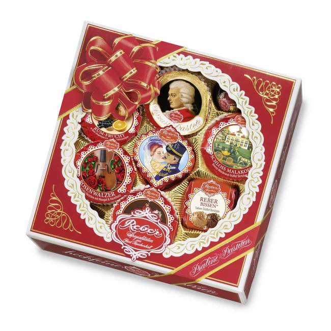 Reber Quadratkassette Pralinen Mozartkugel Marzipan Pasteten 340g
