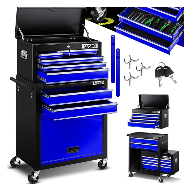 Masko Werkstattwagen inkl. Koffer, 9 Fächer, blau, abschließbar, massives Metall