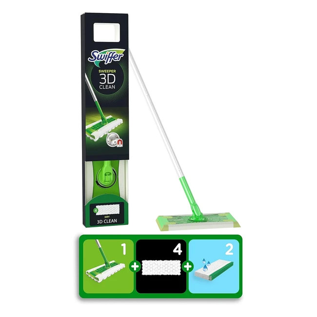 Swiffer Bodenwischer 3D, Starter Set, 1 Stange, 4 trockene Bodentücher, 2 nasse Bodentücher