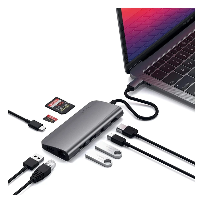 Adaptador multimedia Satechi tipo C con 4K HDMI, Mini DP, USB-C PD, Gigabit Ethernet, USB 3.0, ranuras para tarjetas microSD - Gris Espacial
