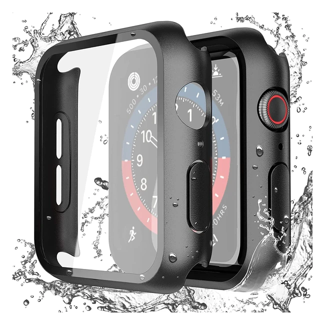 Coque étanche Misxi Noir pour Apple Watch Série 6 SE Series 5 Série 4 44mm - Protection écran en verre trempé - 2 en 1 - Housse antichoc ultra mince